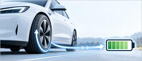 Elektroauto auf der Straße mit einer Darstellung von Reifenrollwiderstand und elektrischer Reichweite