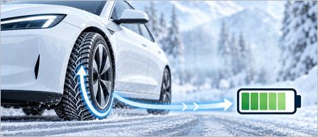 Elektroauto unter winterlichen Bedingungen mit grafischer Veranschaulichung von Stromverbrauch und Fahrreichweite