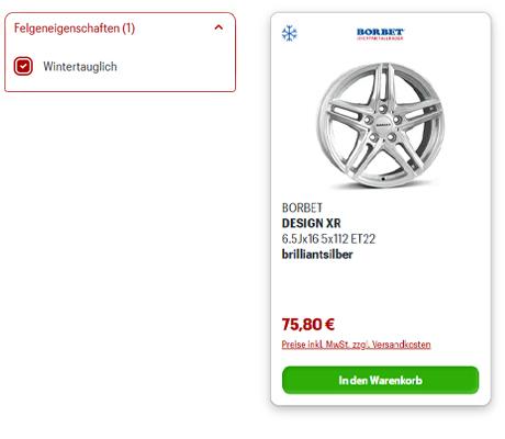 Filteroption für wintergeeignete Alufelgen im Goodwheel Onlineshop