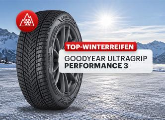 Nahansicht des Goodyear UltraGrip Performance 3 mit Lamellen und Rillen im Winterreifenprofil