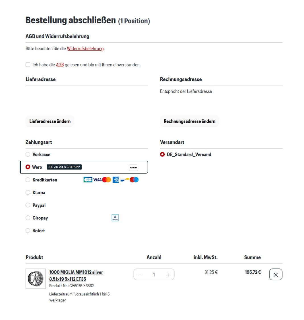 Goodwheel Checkout mit ausgewählter Zahlungsart Wero und sichtbarem Aktionsvorteil