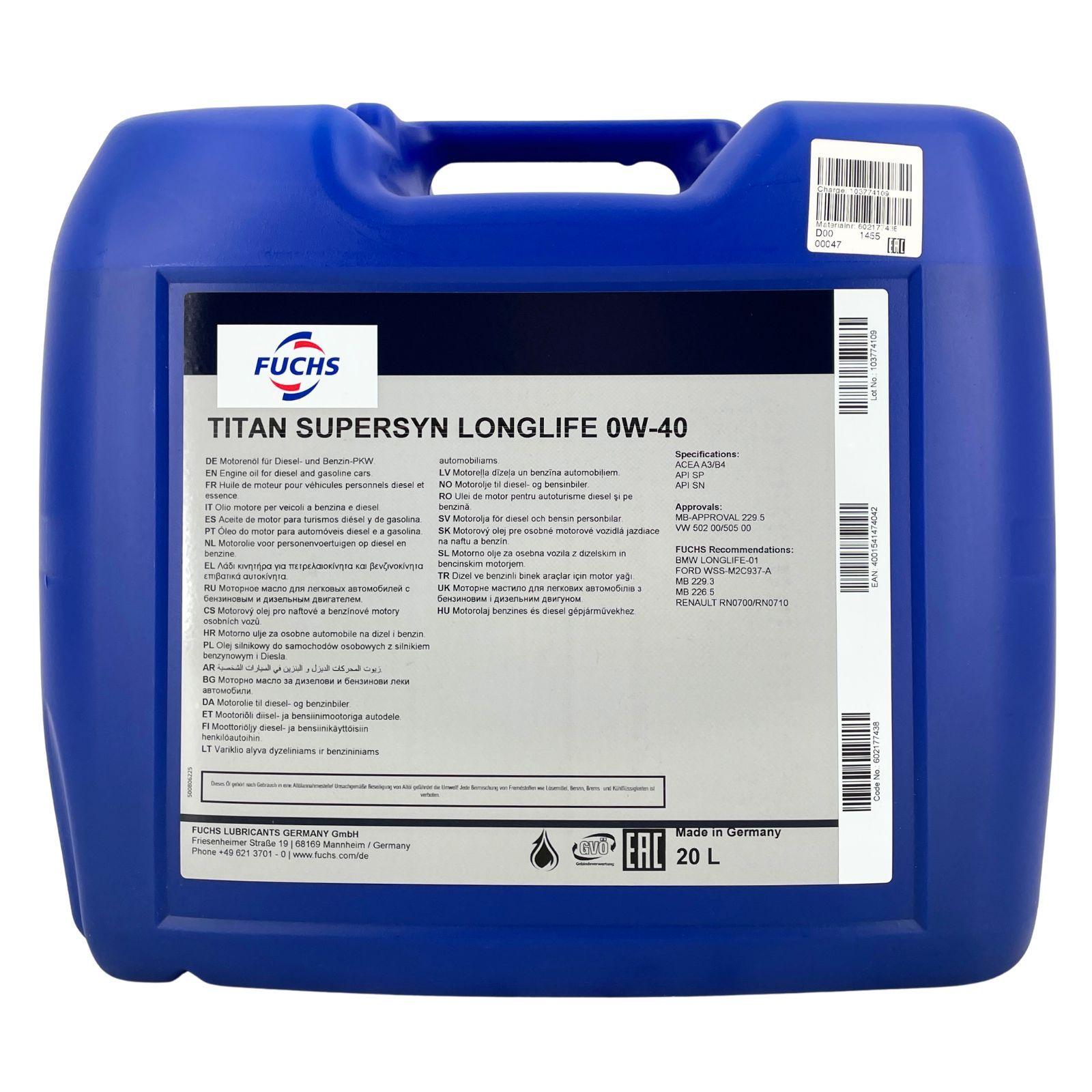 Fuchs Titan Supersyn Longlife 0W-40 20 Liter