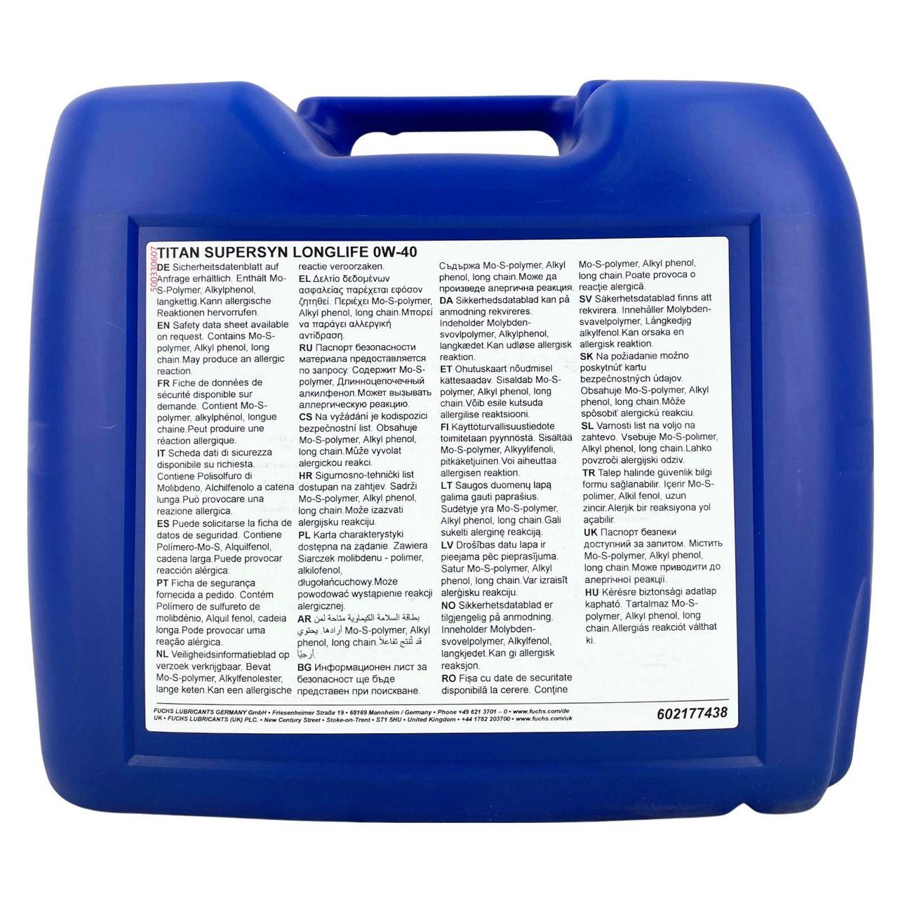 Fuchs Titan Supersyn Longlife 0W-40 20 Liter
