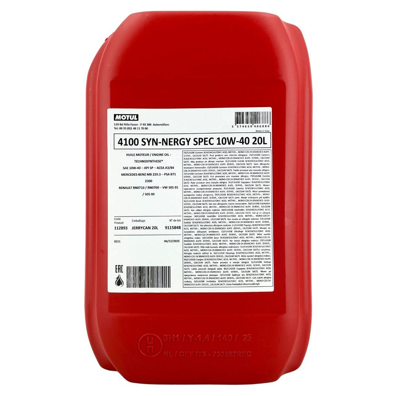 Motul 4100 SYN-nergy SPEC 10W-40 20 Liter