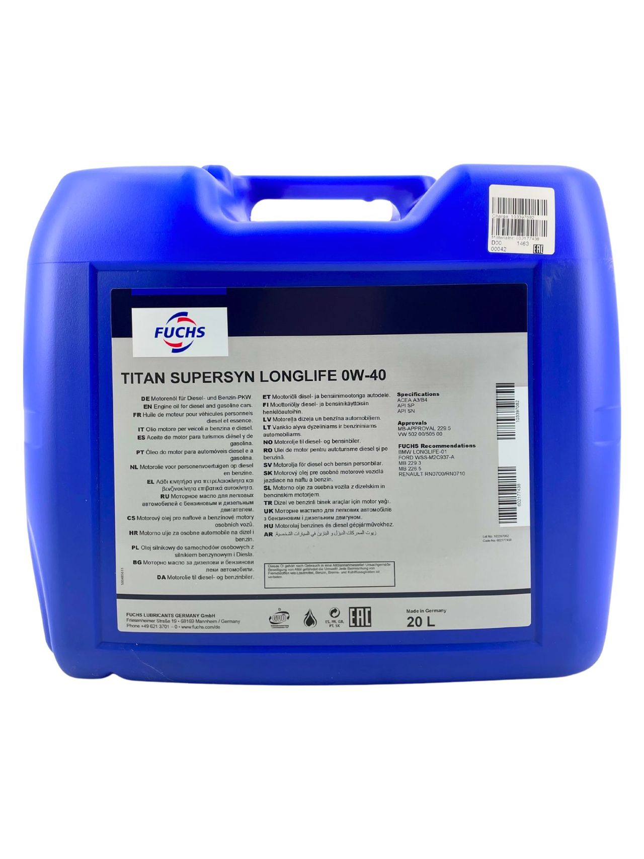 Fuchs Titan Supersyn Longlife 0W-40 20 Liter